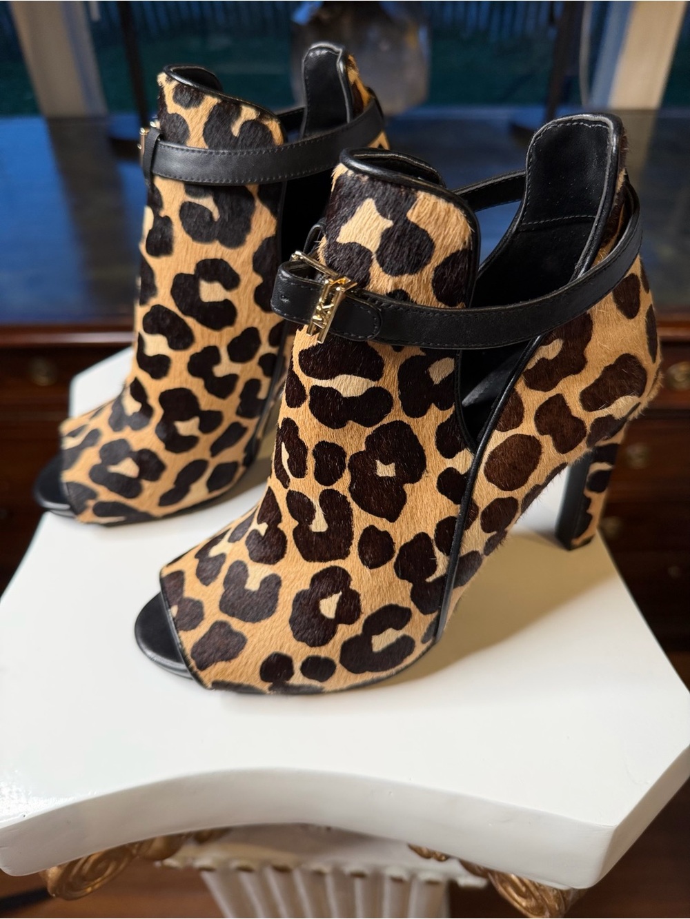 Michael Kors Leopard Print Open-Toe Ankle Booties - Tan & Black - Picture 9 of 10